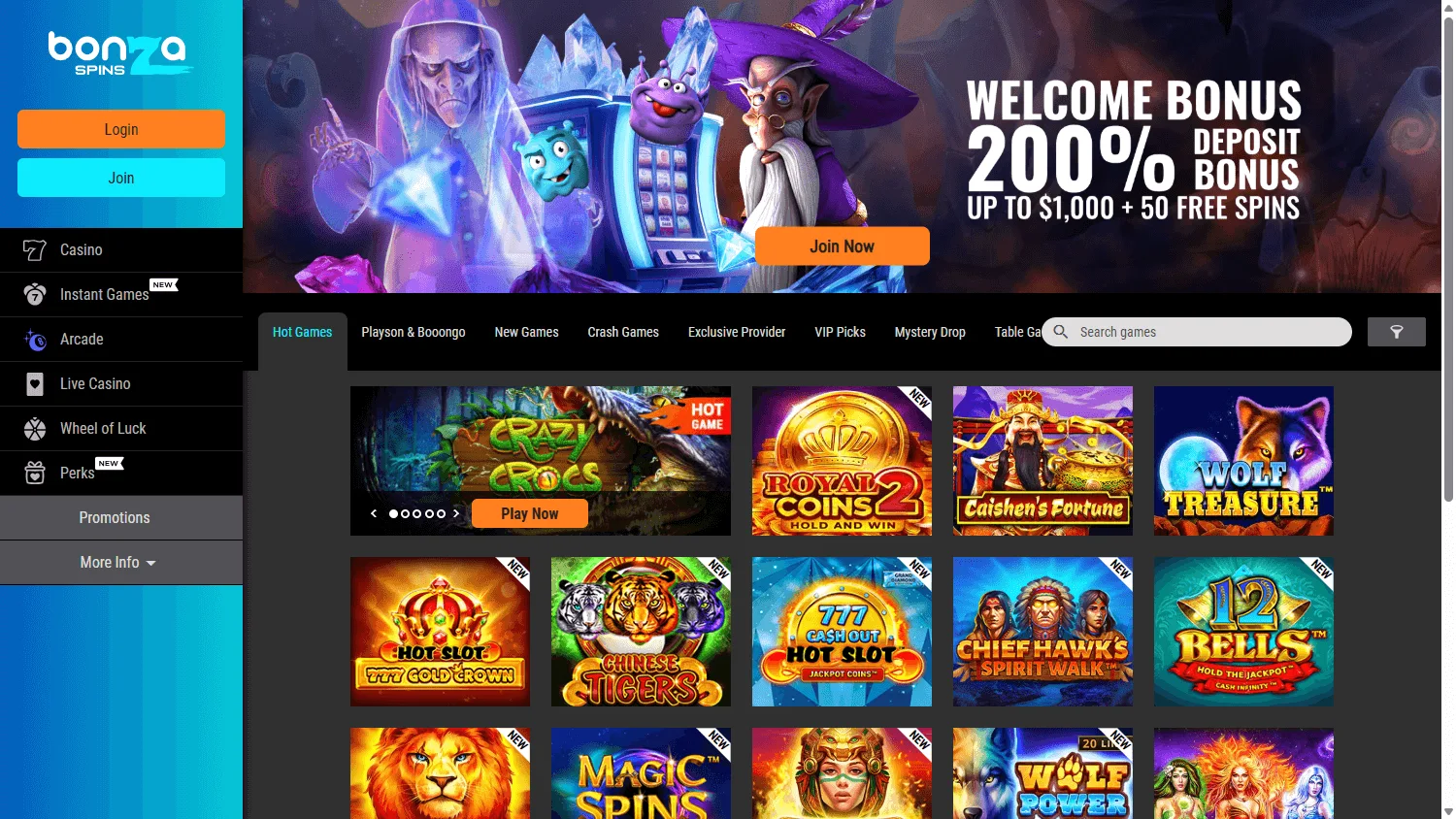 Bonza Spins Casino home screen on desktop