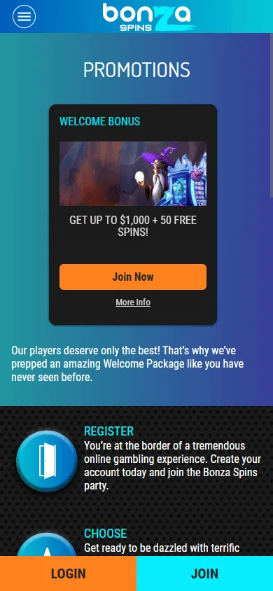 Bonza Spins Casino promotions screen on a mobile device