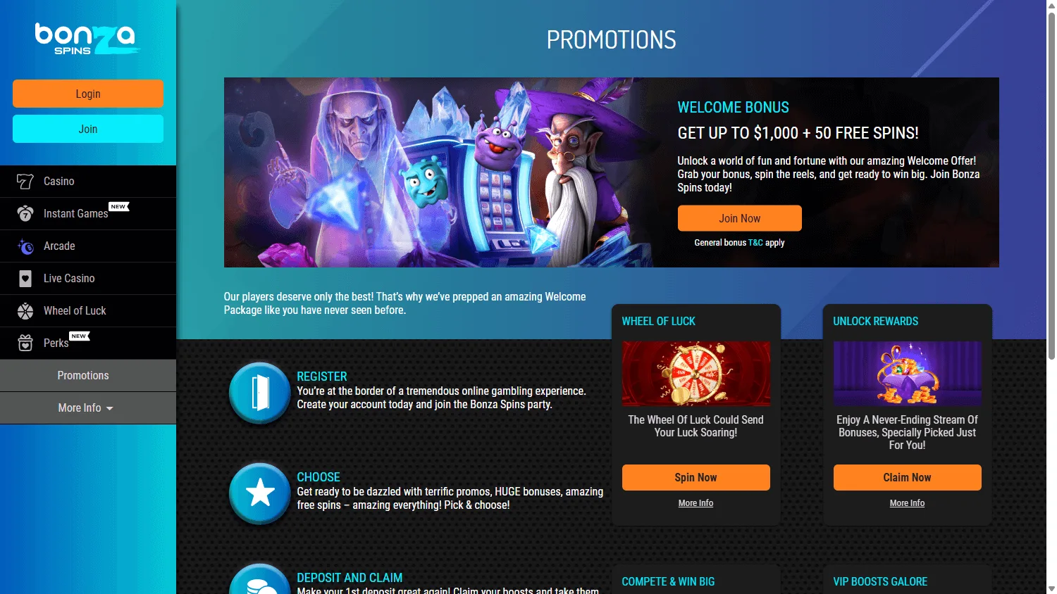 Bonza Spins Casino promotions screen on desktop